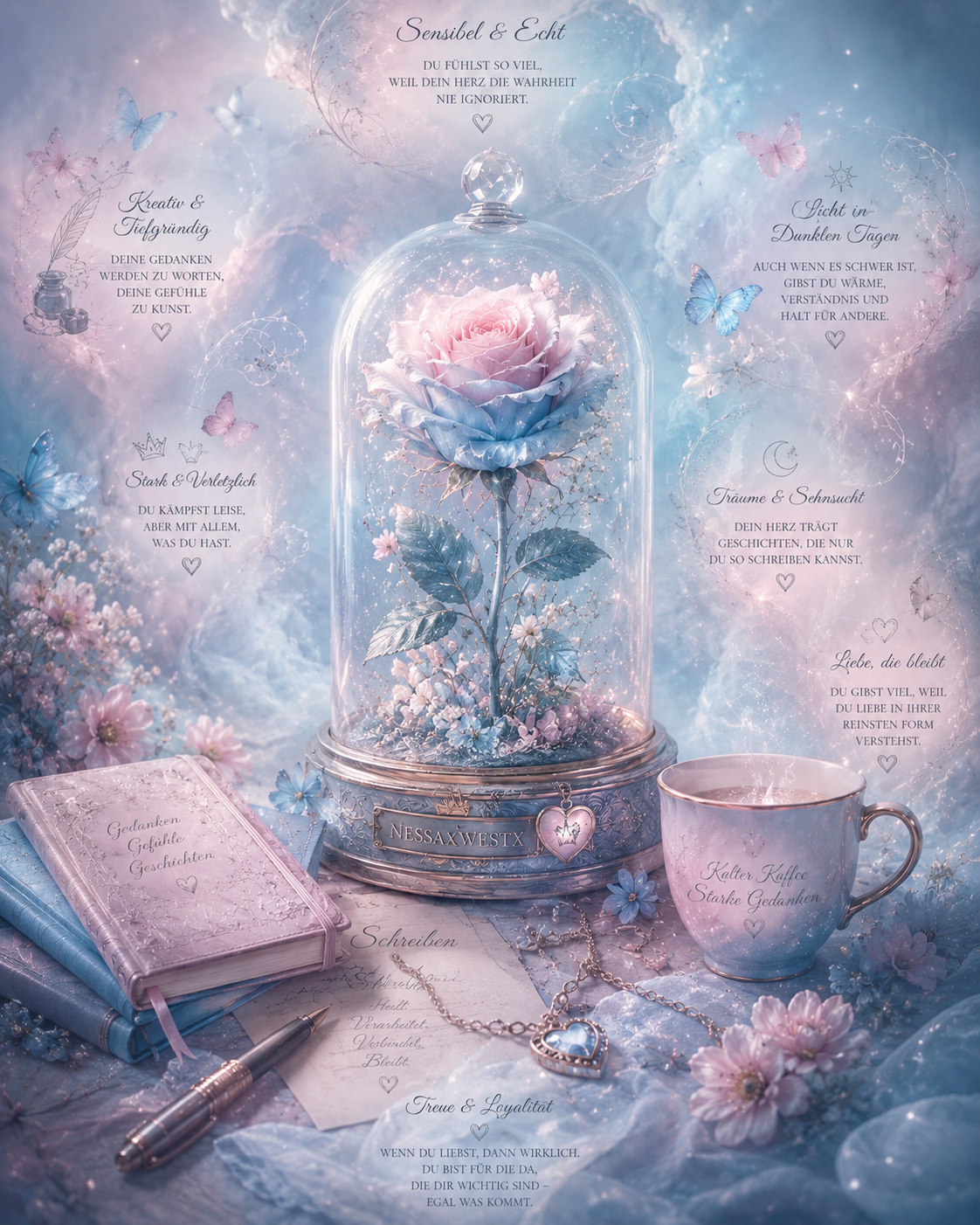 Verträumte rosé-blaue Fantasy-Grafik mit einer Rose unter einer Glasglocke, Schmetterlingen, Büchern und persönlichen Eigenschaften